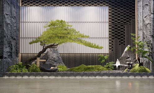 Japanese-style indoor landscape landscaping courtyard sketch stone dry landscape tree pine tree stone lamp floor lamp water bowl 3d model