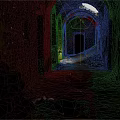 Dilapidated Corridor With Arched Structure Damaged Walls Debris Sand And Distant Light