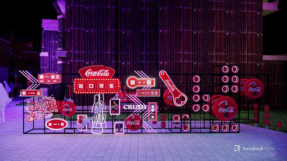 Coca Cola Branded Outdoor Display Featuring Neon Signs Red Logos And Decorations 3d model 
