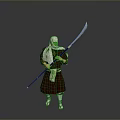 Man Wearing Traditional Outfit Holding Long Sword Standing in Gray Background