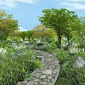 Lush Flowers And Plants Along Stone Path In Garden With Green Grass And Trees