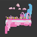 Colorful Cartoon Scene With Pink Platform Blue Building Rainbow Clouds And Candy Decorations