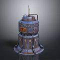Rusted Industrial Metal Tower Structure With Pipes Grill Windows And Base Support