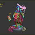 Game Movie Character In Traditional Outfit With Red Bird Blue Lantern And Stone Base