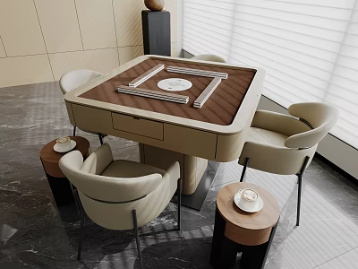 Modern Entertainment Table With Wooden Top Beige Chairs And Side Tables With Cups 3d model