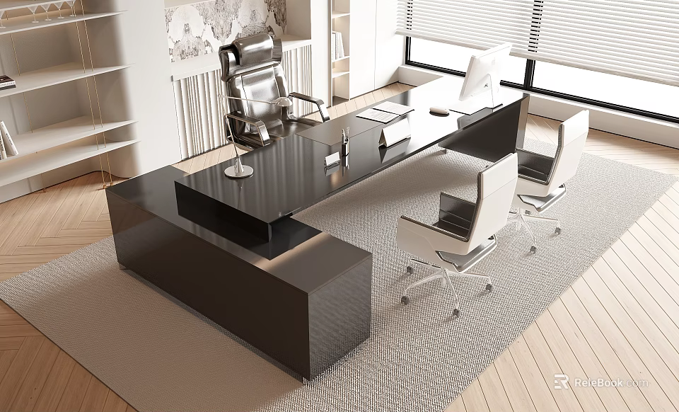 Modern Black Glossy Desk With Leather Chair And White Rolling Chairs In Bright Room Blinds 3d model 