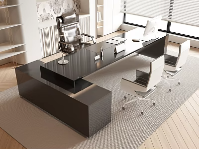 Modern Black Glossy Desk With Leather Chair And White Rolling Chairs In Bright Room Blinds 3d model