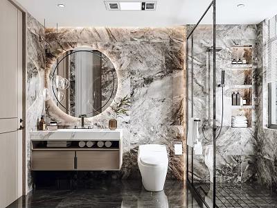 Modern Bathroom Interior Design With Marble Walls Backlit Round Mirror Vanity Toilet And Glass Shower 3d model