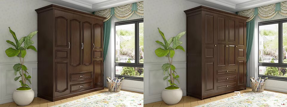 Dark Brown Wooden Wardrobe with Green Curtains Window Plant and White Planter 3d model 