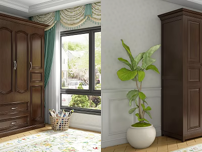 Dark Brown Wooden Wardrobe with Green Curtains Window Plant and White Planter 3d model