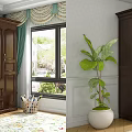 Dark Brown Wooden Wardrobe with Green Curtains Window Plant and White Planter