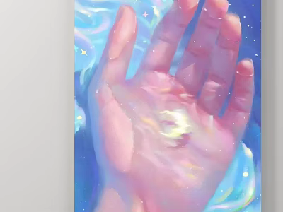 Character Painting of Hand with Glowing Light in Palm and Blue Starry Background 3d model