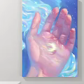 Character Painting of Hand with Glowing Light in Palm and Blue Starry Background