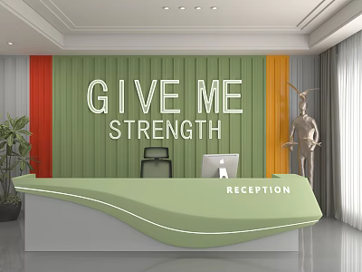 Store Reception Interior With Green Desk GIVE ME STRENGTH Lettering Orange Red Strips Sculpture Plant 3d model