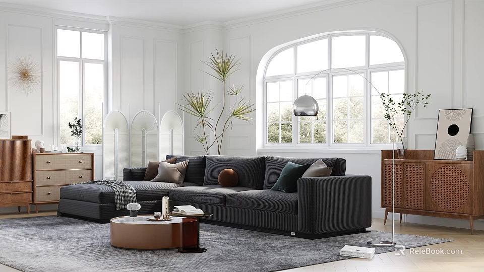 Modern Living Room Interior With Gray Sofa Round Coffee Table And Plants 3d model 