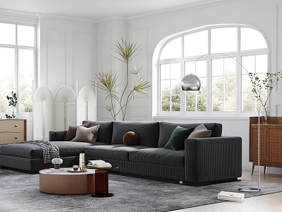 Modern Living Room Interior With Gray Sofa Round Coffee Table And Plants 3d model