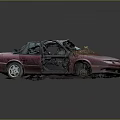 Abandoned Red Car With Open Doors Broken Windows Weeds And Branches Inside