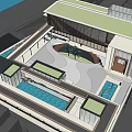 Modern Sales Office Building with Glass Facade Open Courtyard and Water Features
