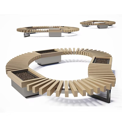 Outdoor Chairs with Circular Wooden Slat Design and Built in Plant Boxes 3d model