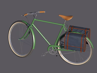 Green Bicycle with Brown Handlebar and Seat and Blue Brown Rear Bag 3d model