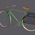 Green Bicycle with Brown Handlebar and Seat and Blue Brown Rear Bag