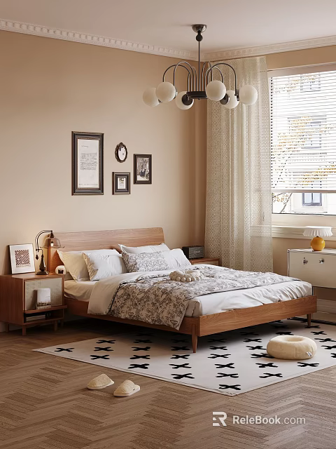 Cozy Bedroom Interior With Double Bed Wooden Headboard Framed Art Patterned Bedding And Curtains 3d model 