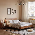 Cozy Bedroom Interior With Double Bed Wooden Headboard Framed Art Patterned Bedding And Curtains