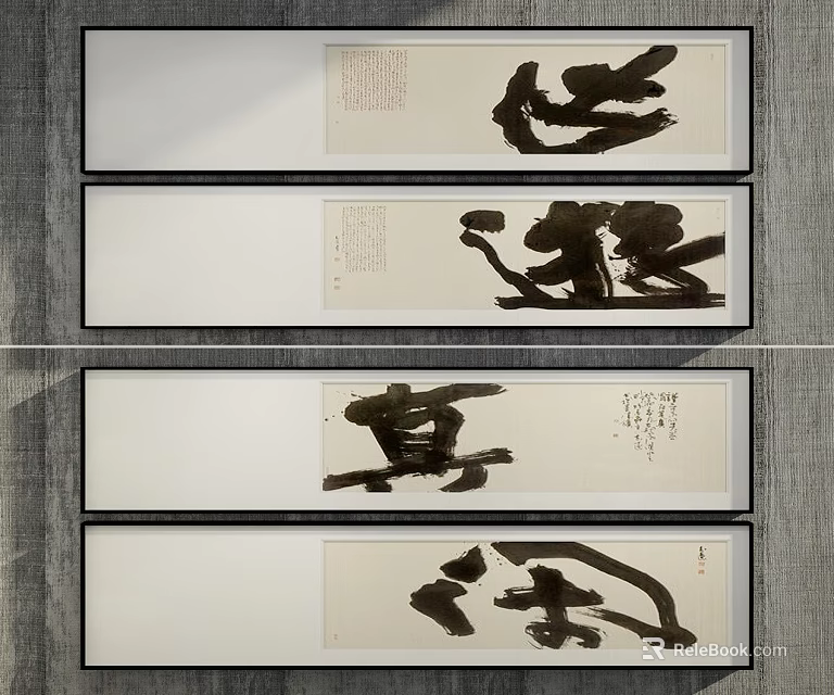 Abstract Ink Paintings With Calligraphy Elements In White Frames On Gray Wall 3d model 