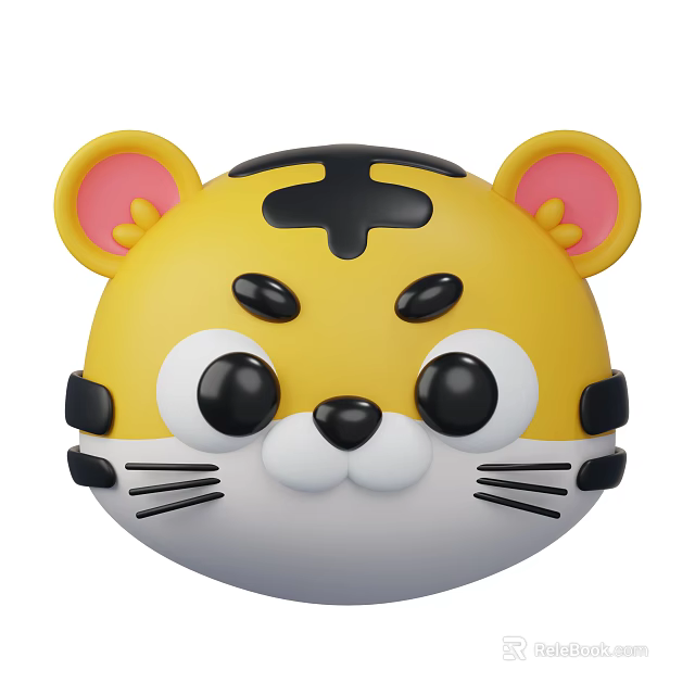 Cute Yellow Tiger Head Toy With Black Stripes And Pink Ears 3d model 