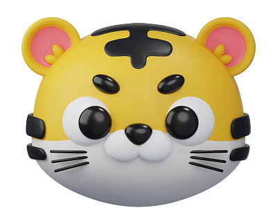 Cute Yellow Tiger Head Toy With Black Stripes And Pink Ears 3d model
