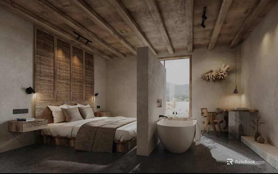 Hotel Room Interior With Wooden Ceiling Woven Wall Panel Bed Bathtub And Mountain View Window 3d model 