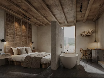 Hotel Room Interior With Wooden Ceiling Woven Wall Panel Bed Bathtub And Mountain View Window 3d model