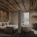 Hotel Room Interior With Wooden Ceiling Woven Wall Panel Bed Bathtub And Mountain View Window