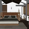 Japanese Wooden Hotel Guest Room Interior With Sloped Ceiling Bed Desk And Natural Light