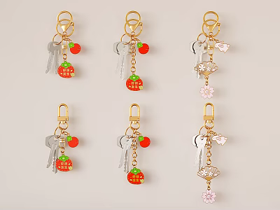 Various Decorative Keychains With Strawberry Charms Key Pendants And Flower Accents 3d model