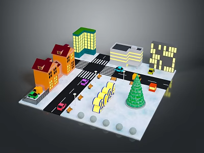 Colorful Urban Model Scene With Various Buildings Roads Vehicles Street Lamps Tree And Circular Decorations 3d model