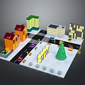 Colorful Urban Model Scene With Various Buildings Roads Vehicles Street Lamps Tree And Circular Decorations