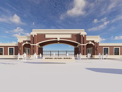 Red Brick Scenic Wall With Arched Gate Decorative Top And Blue Sky Background 3d model