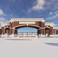 Red Brick Scenic Wall With Arched Gate Decorative Top And Blue Sky Background
