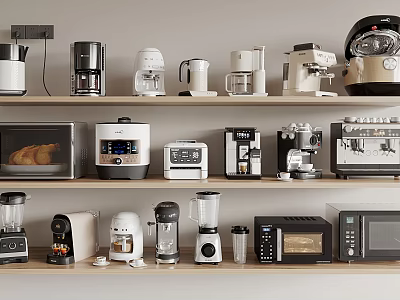 Various Kitchen Appliances Arranged on Wooden Shelves Including Coffee Makers Toasters Blenders Microwaves 3d model