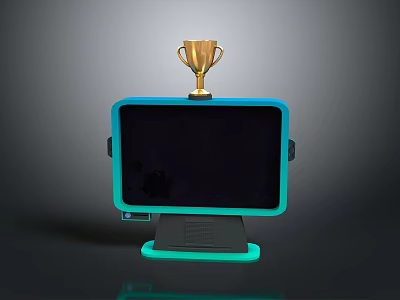 Modern Computer Monitor With Blue Frame And Golden Trophy On Top 3d model