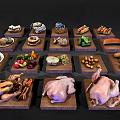 Raw Chicken and Various Food Items Displayed on Wooden Trays