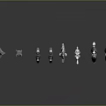 Futuristic Weapons with Blue Silver Metallic Texture Various Guns and Small Parts Scattered