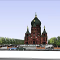 Historic Russian Church With Green Domes Golden Spires And Red Brick Walls
