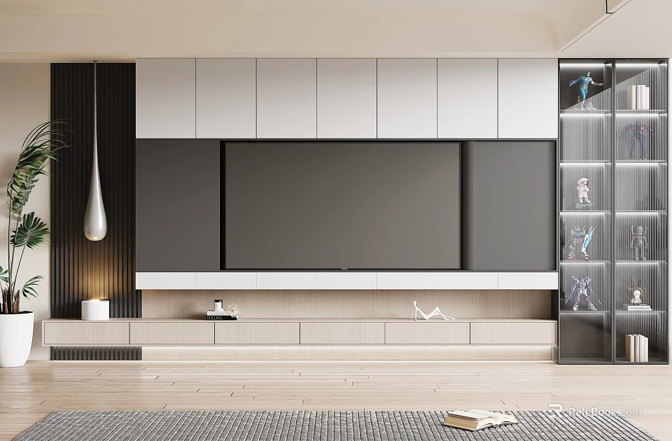 Modern Living Room Interior With TV Wall White Gray Cabinets Glass Display And Light Flooring 3d model 