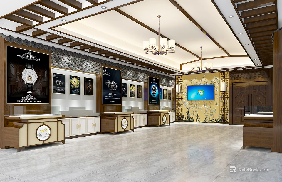 Luxury Watch Store Interior With Display Counters Wall Posters And Chandeliers 3d model