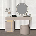 Elegant Modern Dressing Table With Round Mirror Drawers Stool And Decorative Plants 3d model