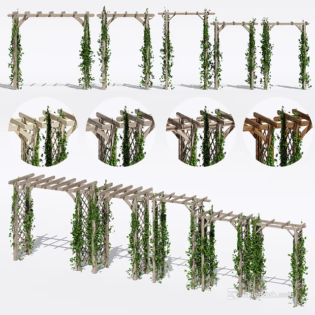 Garden Decorative Wooden Structures With Climbing Green Vines And Arched Designs 3d model 