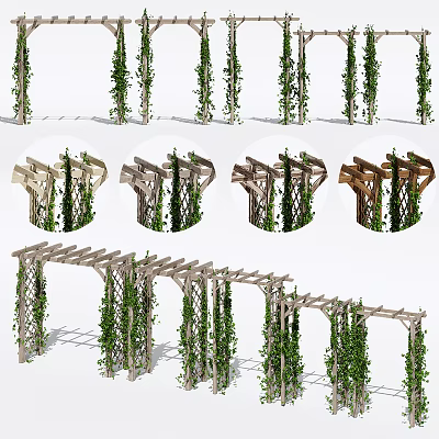 Garden Decorative Wooden Structures With Climbing Green Vines And Arched Designs 3d model