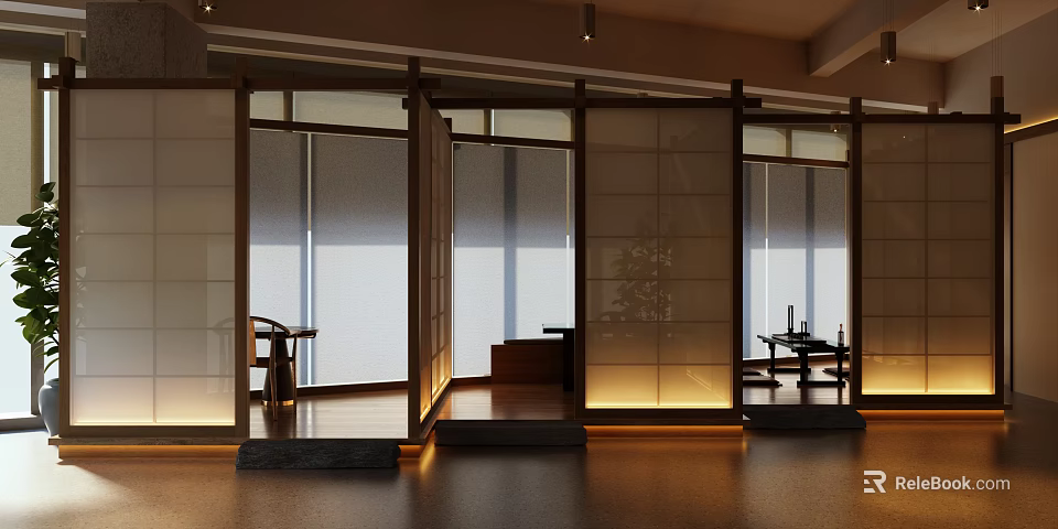 Serene Japanese Clubhouse Interior With Sliding Screens And Warm Lighting 3d model 